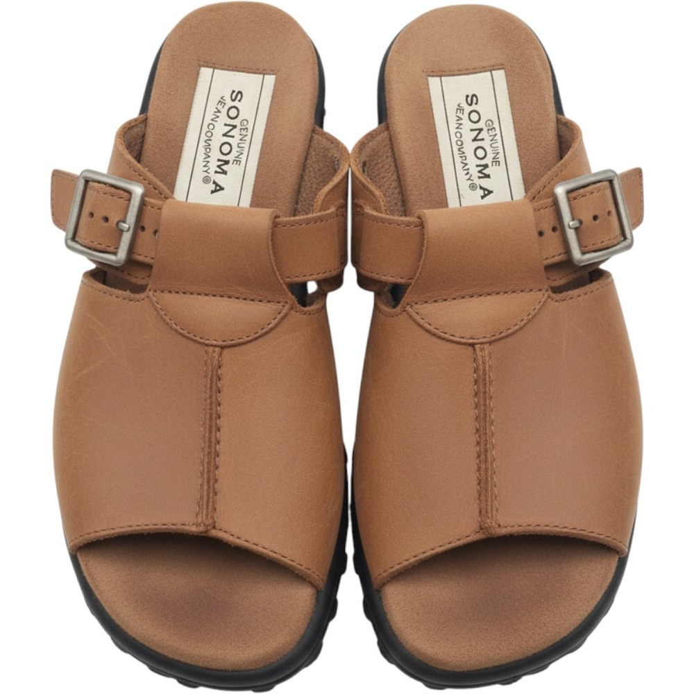 Sonoma Jean Company Tara Tan Brown Leather Slide‎ Sandals Womens 6 M Buckle Lug